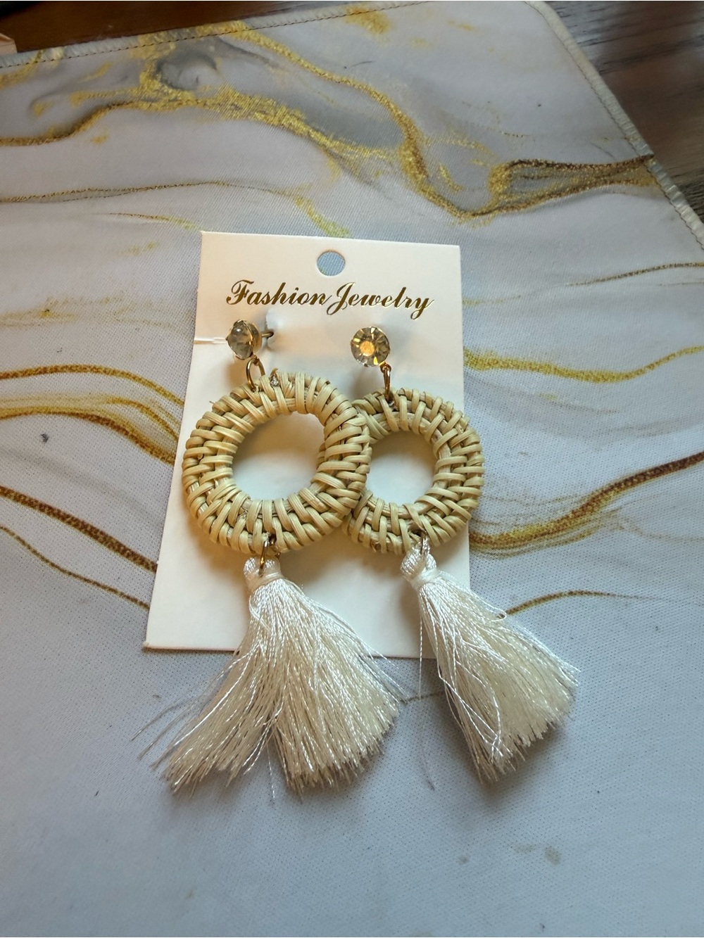 Fashion Jewelry Cream Woven Hoop Earrings with Tassels